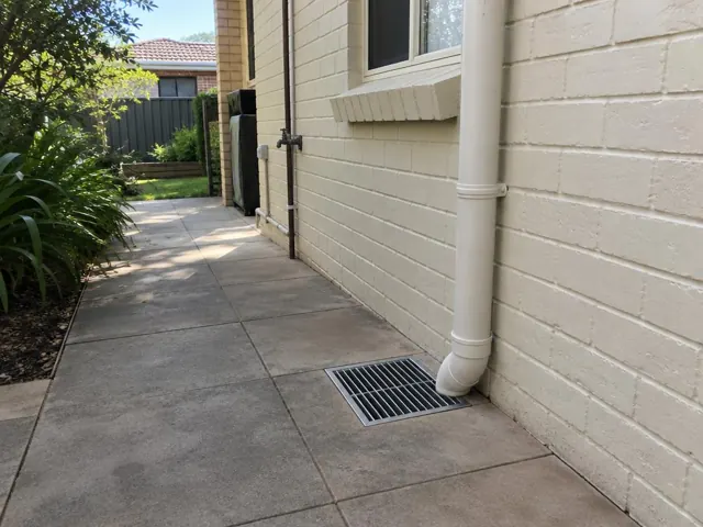 Concrete side path beside a painted brick wall with a grated outdoor gully and downpipe in Putney